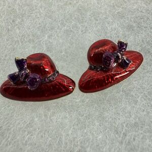 Vintage Red Hat Society Earrings Enamel Purple Rhinestone Flowers Gold Tone Stud